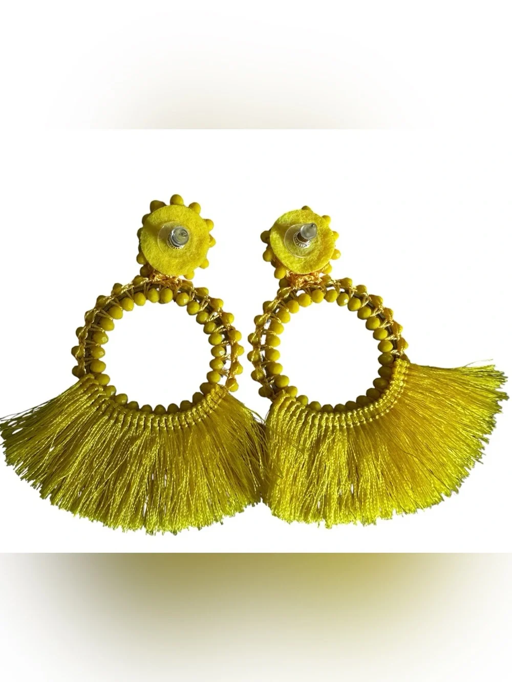Bright Yellow Beaded Hoop Tassel Earrings | Statement Fringe Boho Chic
